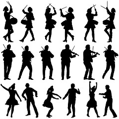 Image showing Black silhouettes of beautiful mans and womans. Drummer, violini