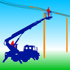 Image showing Electrician, making repairs at a power pole. illustration