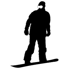 Image showing Black silhouettes  snowboarders on white background. 