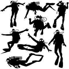 Image showing Set black silhouette scuba divers. illustration.