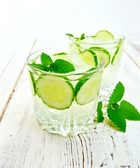 Image showing Lemonade with cucumber and mint on board