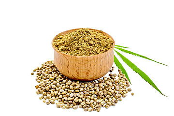 Image showing Flour hemp in bowl with leaf and grain