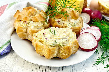 Image showing Appetizer of radish and cheese in profiteroles on plate