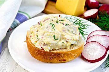 Image showing Appetizer of radish and cheese on bun in plate with dill