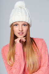 Image showing Woman wearing woolen hat and sweater