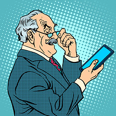 Image showing old man gadgets elderly businessman new tablet