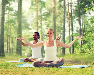 Image showing smiling couple making yoga exercises outdoors