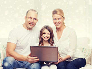 Image showing smiling family with laptop at home