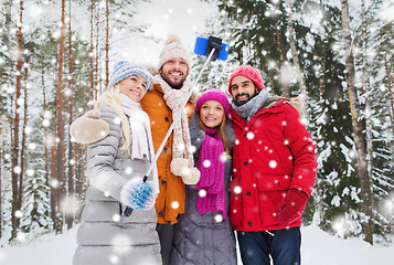 Image showing smiling friends with smartphone in winter forest