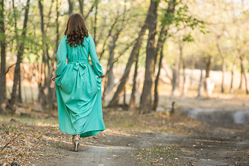 Image showing A girl in a long dress walking on a forest road