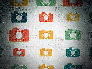 Image showing Travel concept: Photo Camera icons on Digital Paper background