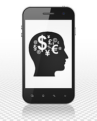 Image showing Advertising concept: Smartphone with Head With Finance Symbol on display