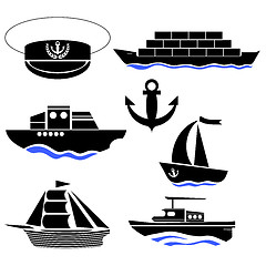 Image showing Sea Ships Silhouettes. Anchor Icon. Captain Hat Icon