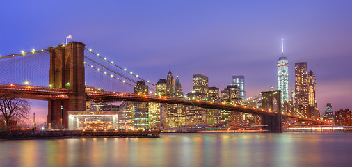 Image showing Brooklyn bridge at dusk, New York City.