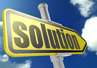 Image showing Yellow road sign with solution word under blue sky