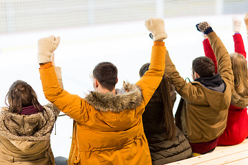Image showing happy friends supporting team on ice rink arena
