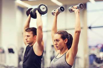 Image showing smiling man and woman with dumbbells in gym