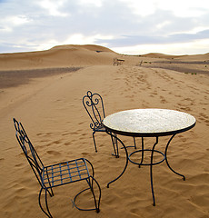 Image showing table and seat in desert  sahara morocco    africa yellow sand