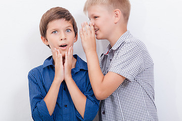 Image showing Teenage boy whispering in the ear a secret to friendl on white  background
