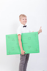 Image showing The boy holding a banner on white background