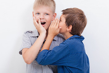 Image showing Teenage boy whispering in the ear a secret to friendl on white  background