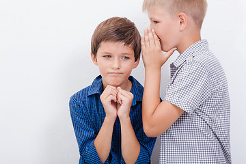 Image showing Teenage boy whispering in the ear a secret to friendl on white  background