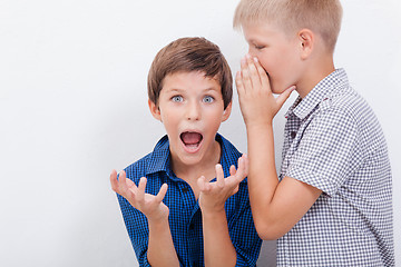 Image showing Teenage boy whispering in the ear a secret to friendl on white  background