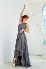 Image showing The beautiful ballerina posing in long gray dress 