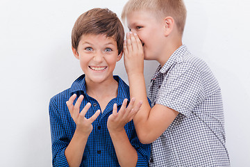 Image showing Teenage boy whispering in the ear a secret to friendl on white  background