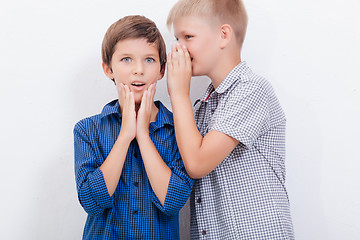 Image showing Teenage boy whispering in the ear a secret to friendl on white  background