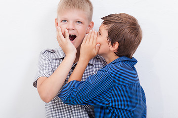 Image showing Teenage boy whispering in the ear a secret to friendl on white  background