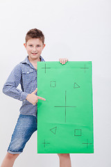 Image showing The boy holding a banner on white background