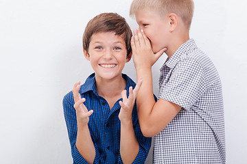 Image showing Teenage boy whispering in the ear a secret to friendl on white  background