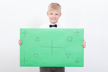 Image showing The boy holding a banner on white background