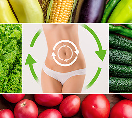 Image showing Young healthy woman with vegetables. Collage