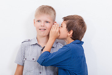 Image showing Teenage boy whispering in the ear a secret to friendl on white  background