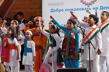 Image showing Kids of Center of India folk art sing a song on a scene