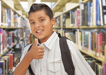 Image showing Hispanic Student Boy with Thumbs Up in the Library