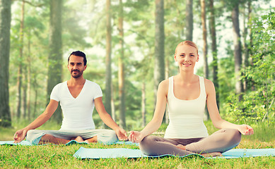 Image showing smiling couple making yoga exercises outdoors