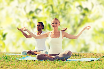 Image showing smiling couple making yoga exercises outdoors