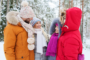 Image showing group of smiling men and women in winter forest