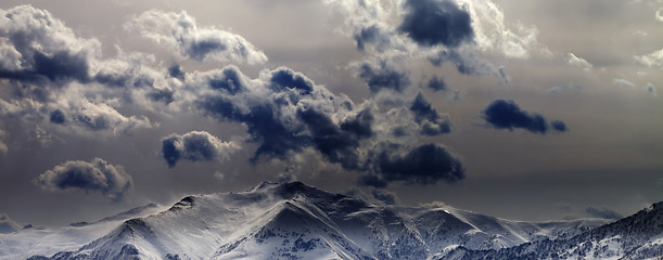 Image showing Panoramic view on evening mountains and cloudy sky