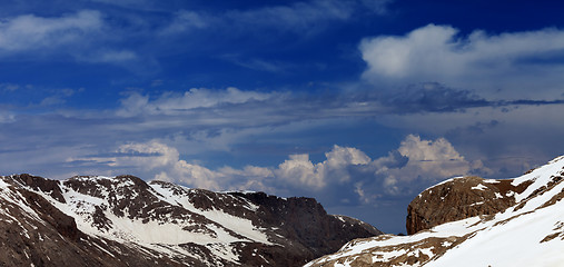 Image showing Panoramic view on rocks with snow.