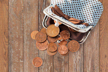 Image showing close up of euro coins and wallet on table