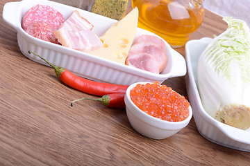 Image showing Food high in protein, sausages, cheese, red pepper, red caviar, cabbage