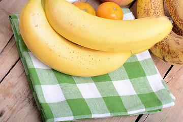 Image showing mandarin, bananas and apples, health fresh food close up