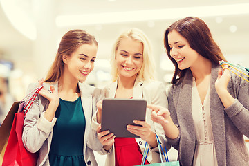 Image showing happy young women with tablet pc and shopping bags
