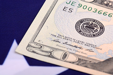 Image showing american dollars bills on flag background