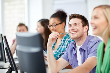 Image showing happy high school students in computer class