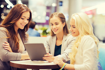 Image showing happy young women with tablet pc and shopping bags